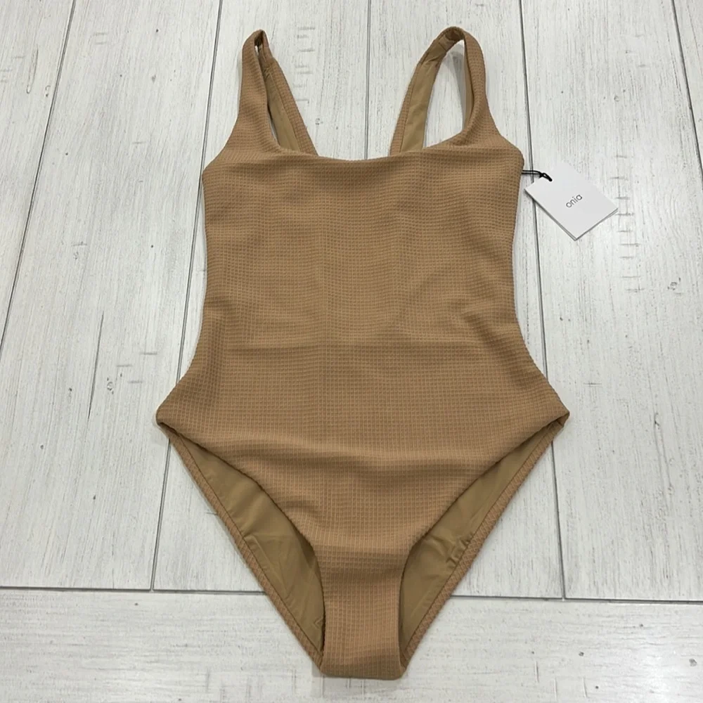 Onia Rachel One-Piece Swimsuit Waffle Texture Tan Ribbed NWT Size S - Picture 1 of 6